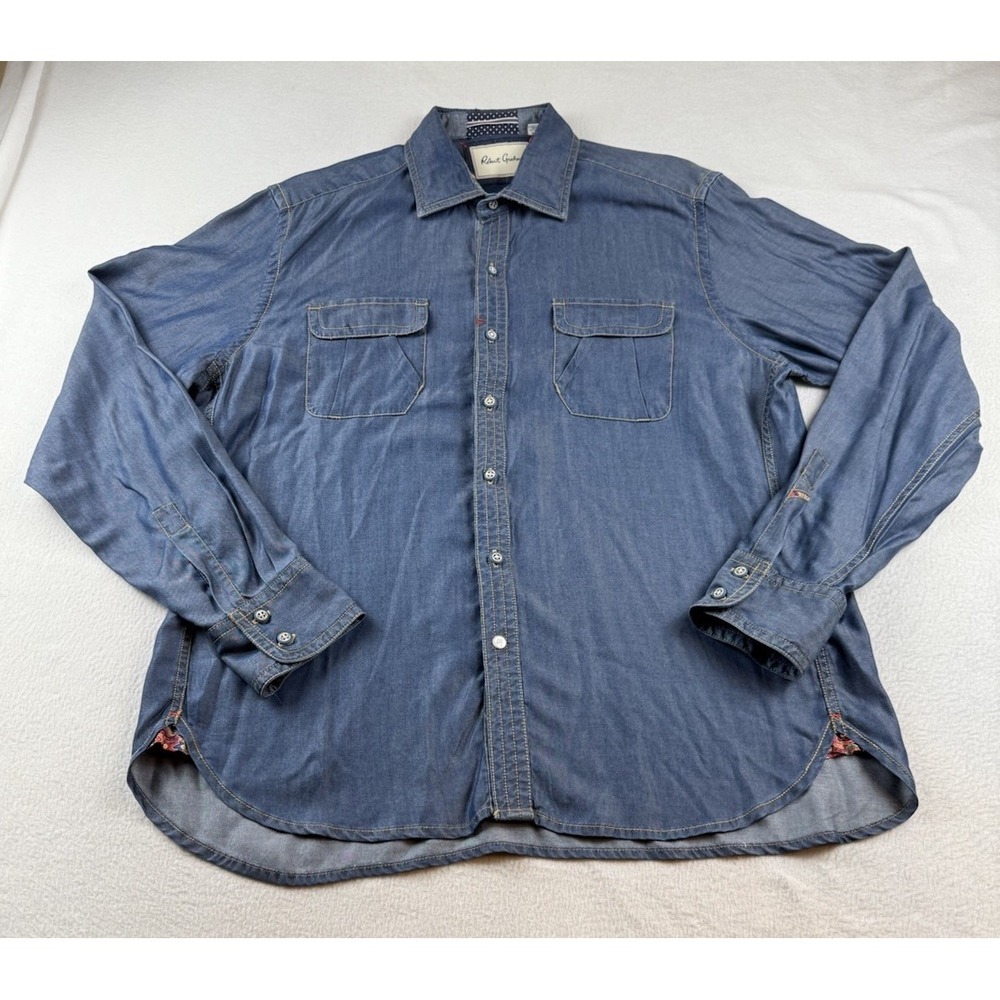 ROBERT GRAHAM Shirt XL Blue Long Sleeve The Deep Tailored Fit Sport Indigo